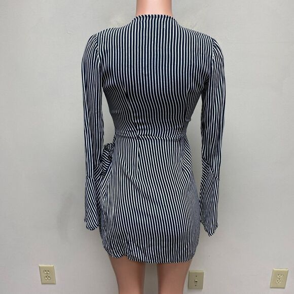 Faithfull Womens Navy Blue White Stripe Long Sleeve Tie High V-Neck Wrap Dress 2 - Picture 5 of 8